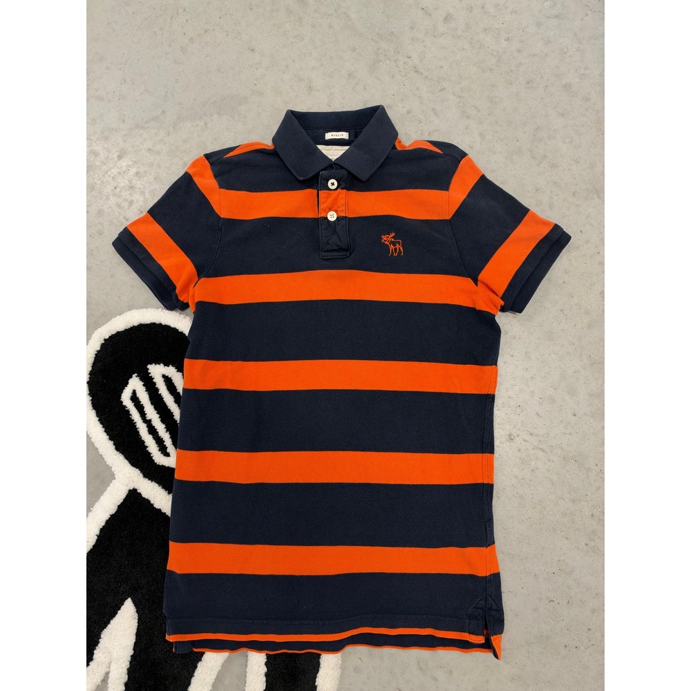 Abercrombie & Fitch Mens Large Muscle Fit Stripe Polo Shirt Navy Blue Orange